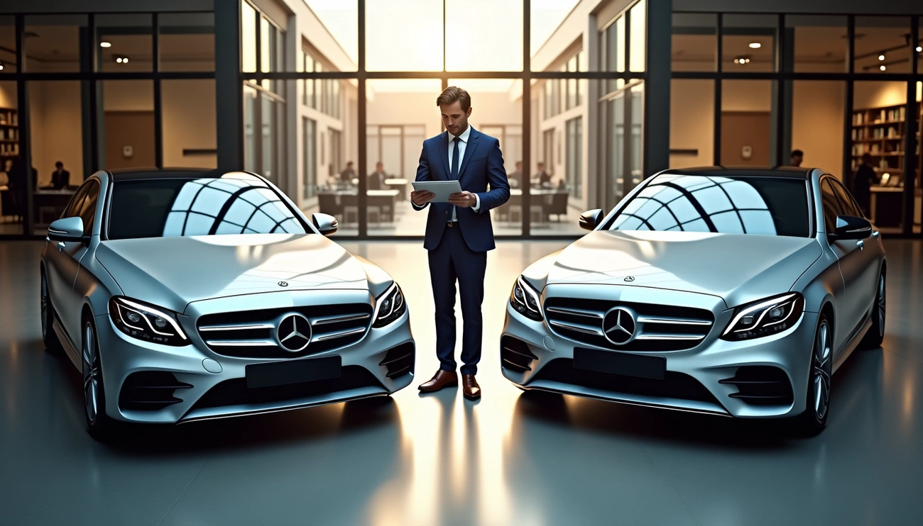 Businessman in a suit stands between two silver Mercedes cars in a modern showroom holding a digital tablet.