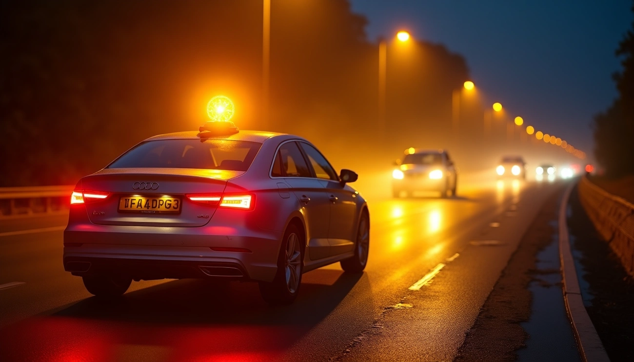 Silver car with a bright yellow emergency beacon on its roof driving on a wet highway at dusk.