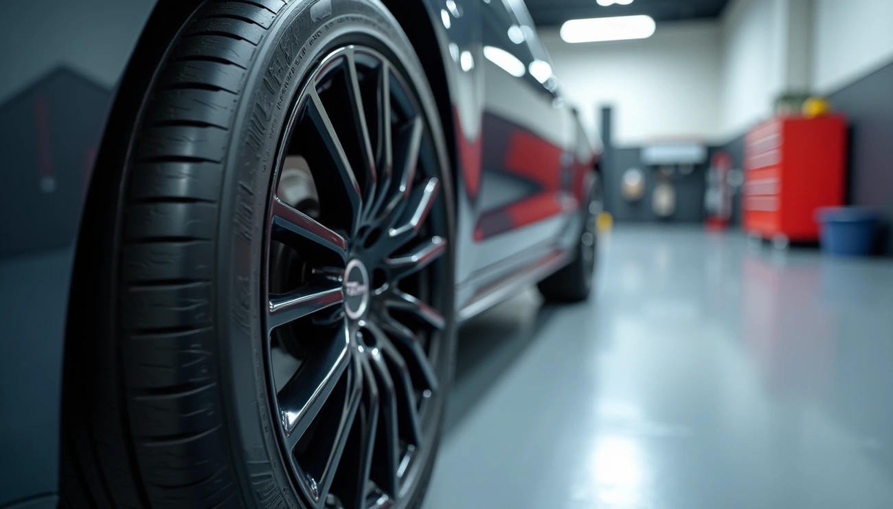 Close-up of a runflat tire and black alloy wheel on a car in a garage setting.