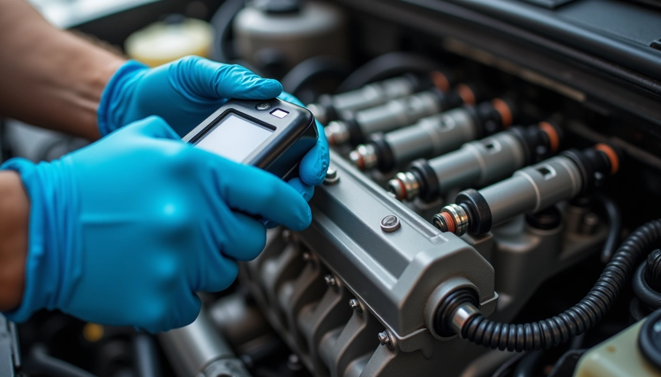 Hands wearing blue gloves using a diagnostic tool on diesel fuel injectors in a car engine.