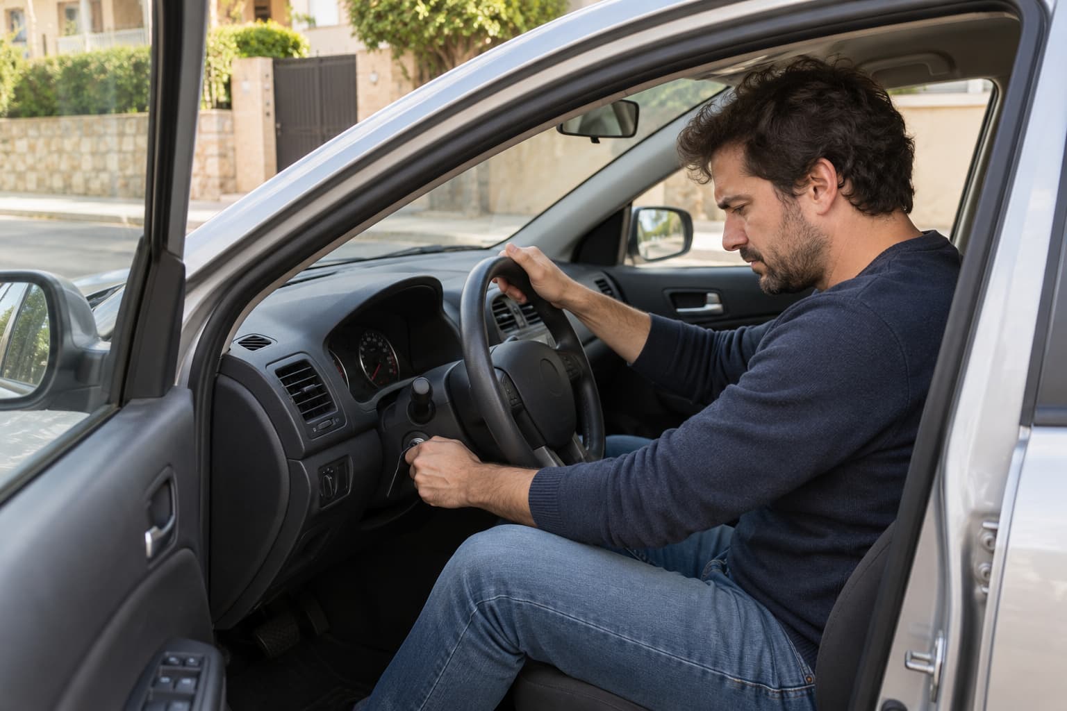 Conductor intentando arrancar un coche que no arranca
