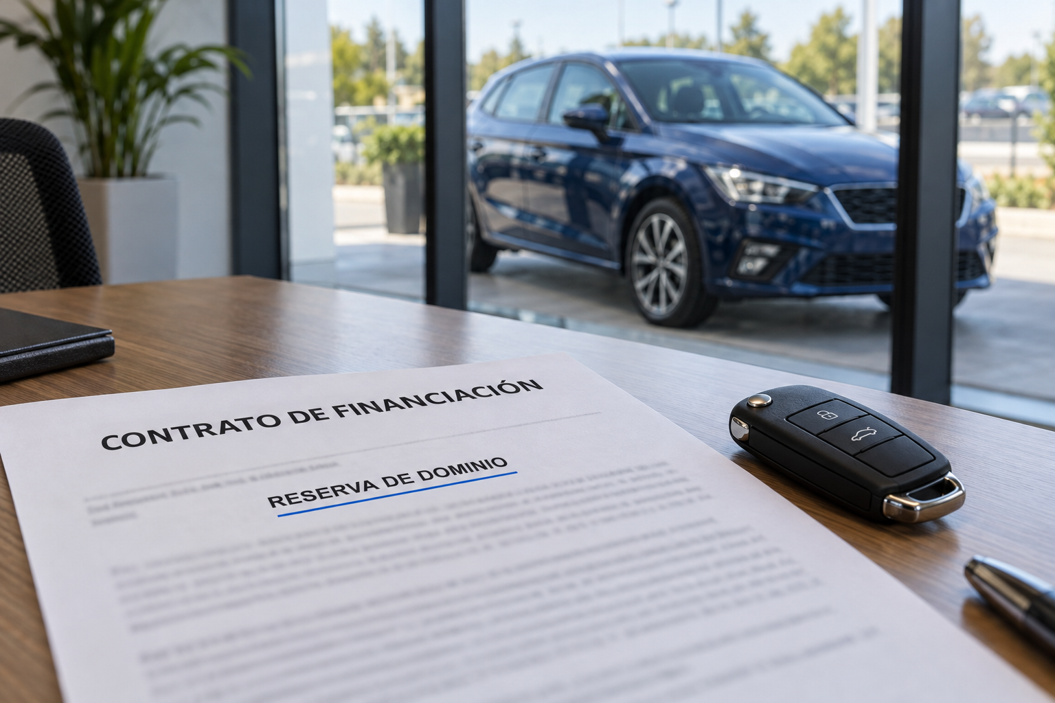 Contrato de financiación con reserva de dominio, llave y coche al fondo